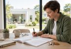 How to buy a house step by step — buyer signing purchase documents in front of a new home