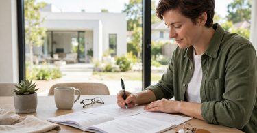How to buy a house step by step — buyer signing purchase documents in front of a new home