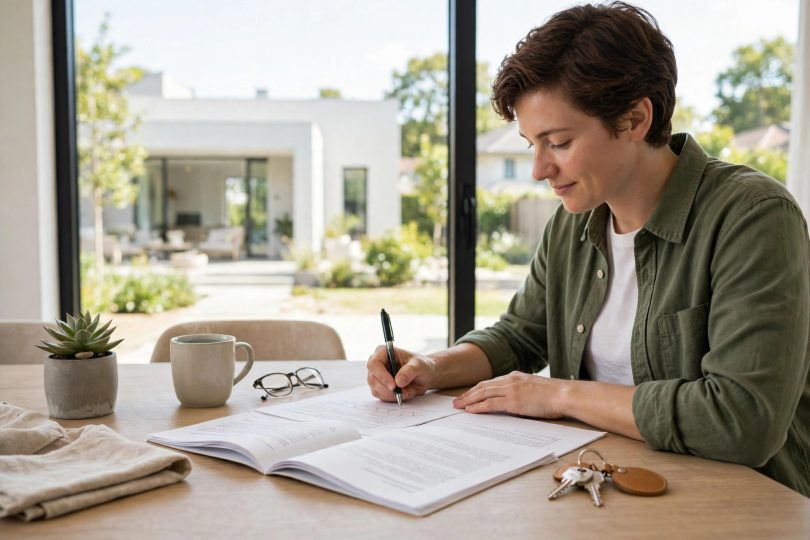 How to buy a house step by step — buyer signing purchase documents in front of a new home