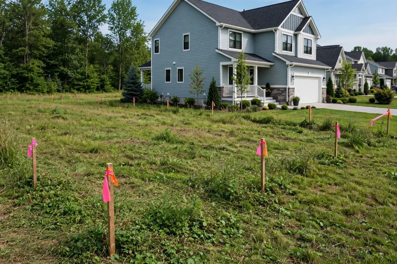 An empty building plot beside a finished house — buying land vs buying a house