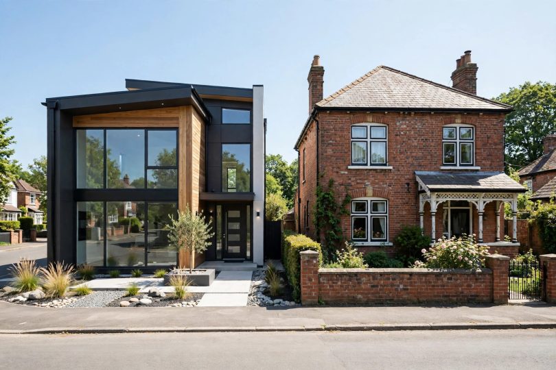 New construction vs existing homes — a new build home beside an older existing home