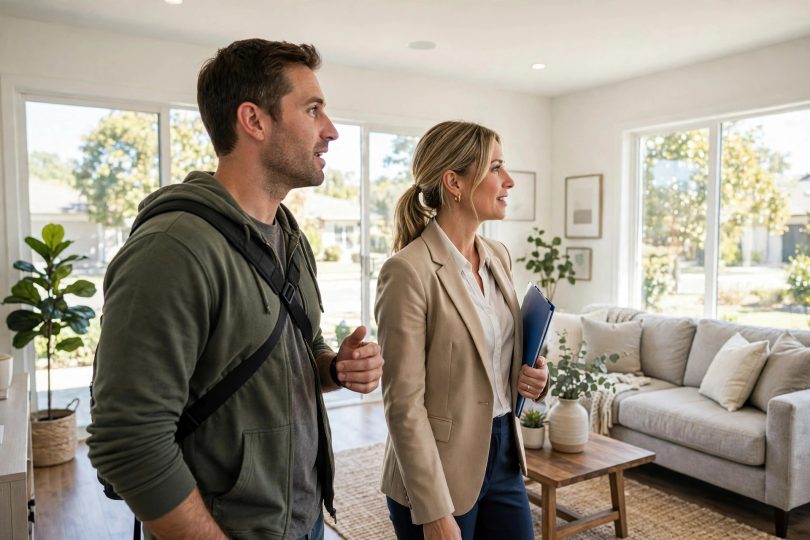 Questions to ask before buying a house — buyer asking a real estate agent questions during a home viewing